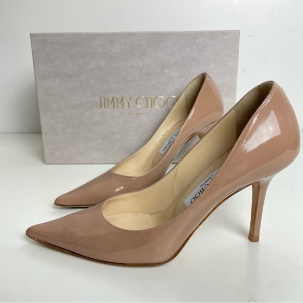 Jimmy Choo Luna Heels Patent Leather Pumps Nude Glossy Size 36 Pointed Toe
